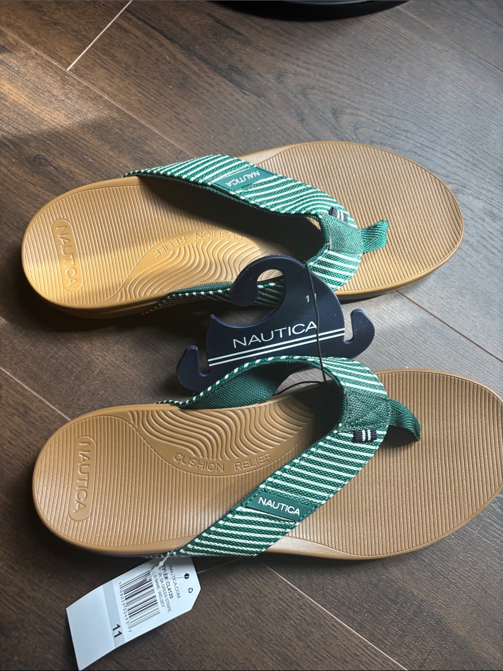 Nautica Green and White Striped Flip Flops with Tan Footbed